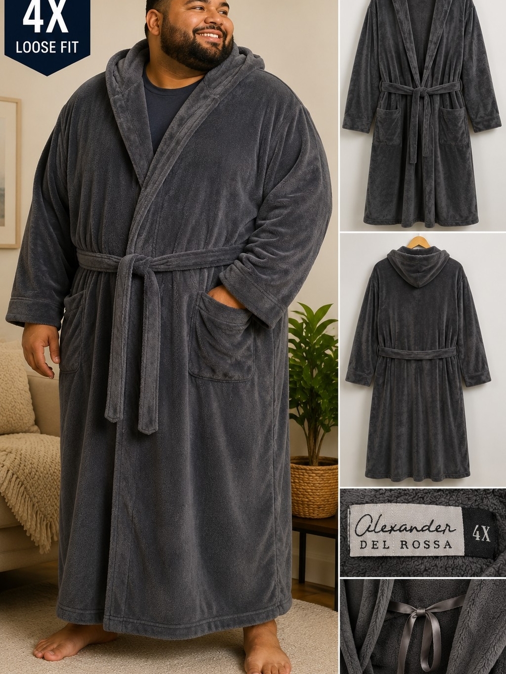Alexander Del Rossa Plush Hooded Robe Gray 4X Men’s Belted